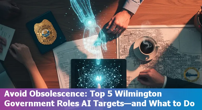 Wilmington city hall worker using a laptop with AI icons signaling job changes and upskilling