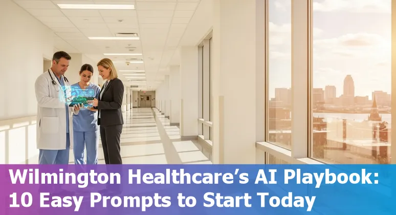 Healthcare worker and AI interface overlay showing hospital, robot, chatbot, and imaging illustrating AI in Wilmington healthcare.