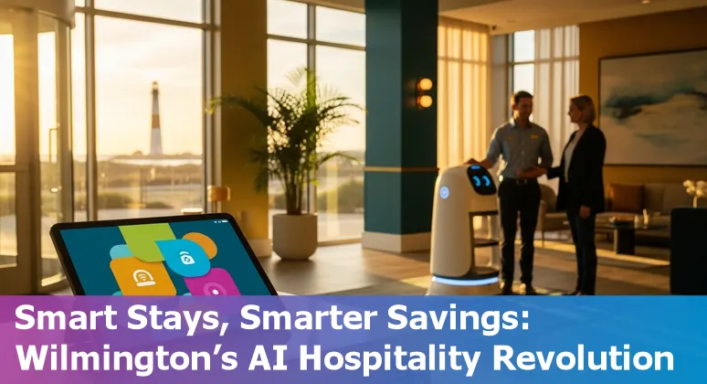 Wilmington, North Carolina hotel lobby with AI digital concierge screen showing guest services.