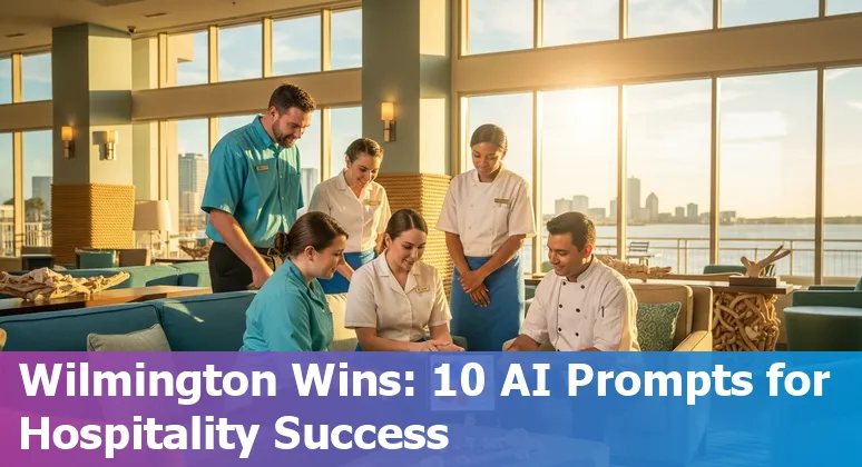 Hotel front desk agent interacting with a tablet showing AI workflow diagrams and Wilmington skyline in background