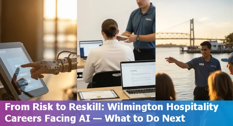 Wilmington hotel front desk with a staff member using a tablet while a chatbot and reservation system icon hover nearby.
