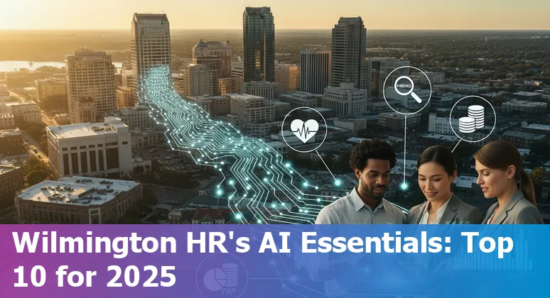 Collage of HR professionals using AI tools on laptops with Wilmington skyline in the background.