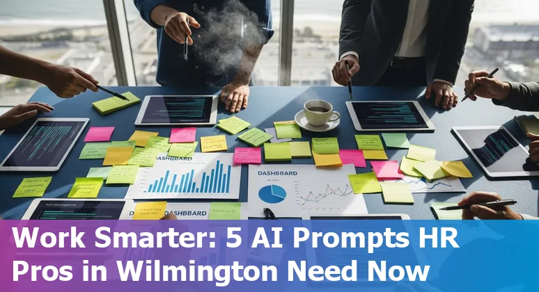 Wilmington HR professional using AI prompts on a laptop to draft benefits and onboarding materials, with local skyline in background.