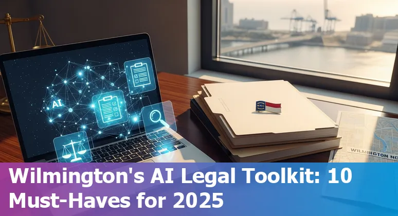 Lawyer at Wilmington desk using AI tools on a laptop, with court and contract icons overlay