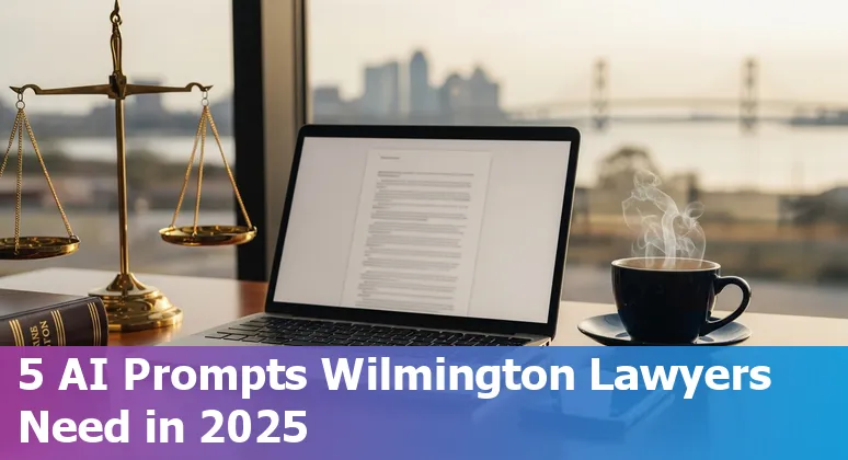 Wilmington lawyer using AI prompts on a laptop with North Carolina map and legal documents.