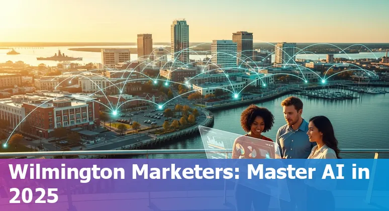 Wilmington, North Carolina marketer using AI tools on a laptop with local skyline in background