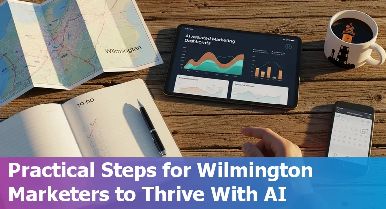 Wilmington North Carolina marketer using AI tools on a laptop with local skyline in the background