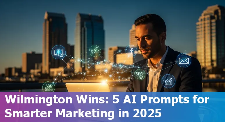 Marketing professional using AI prompts on a laptop with Wilmington skyline in the background