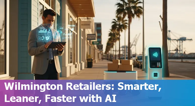 Wilmington, North Carolina retail worker using AI dashboard in-store; digital twin and robotics icons in background.