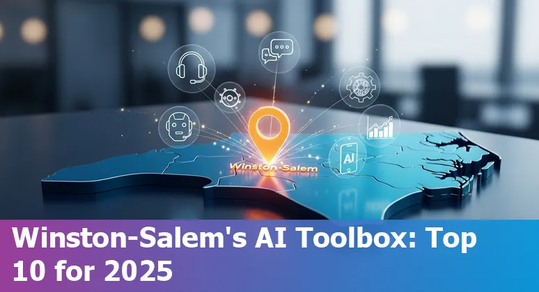 Customer service agent using AI chat tools on laptop with Winston‑Salem skyline in background.