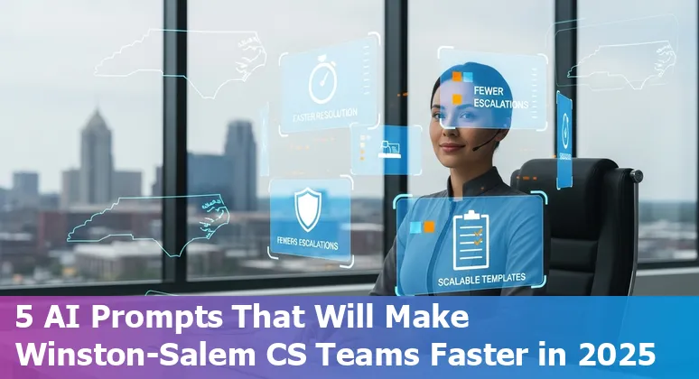 Customer service agent using AI prompts on a laptop with Winston‑Salem skyline in the background