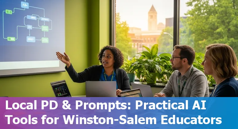 Teacher using AI prompts on a laptop in a Winston‑Salem classroom with school building visible.