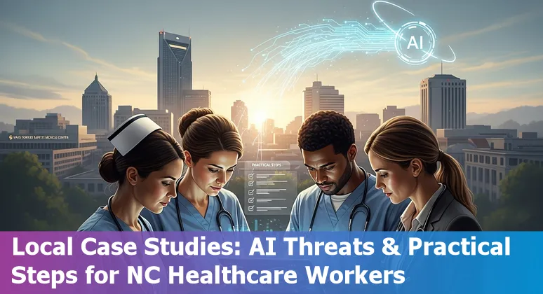 Healthcare worker reviewing AI medical imaging on a tablet with Winston‑Salem hospital in the background.