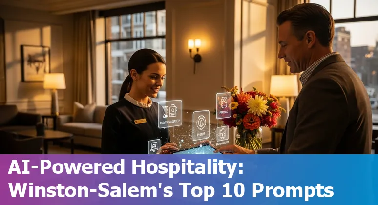 Hotel front desk with AI assistant on a tablet, highlighting Winston‑Salem skyline and Old Salem references.