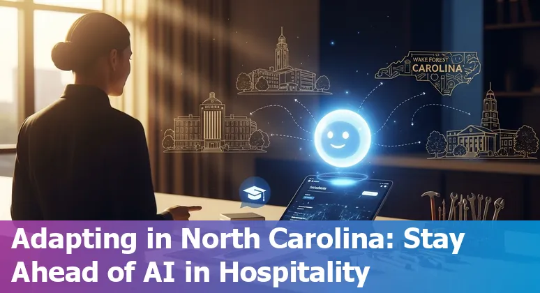 Winston‑Salem hotel front desk with a receptionist and a laptop showing AI assistant interface