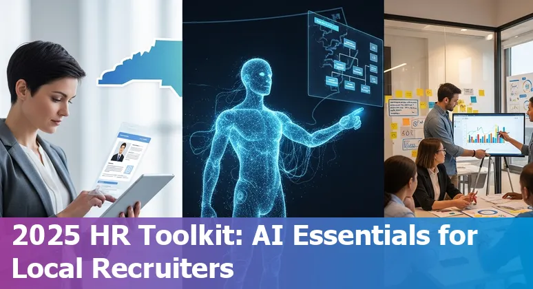 HR professional reviewing AI HR tools list on a laptop with Winston‑Salem skyline in the background.