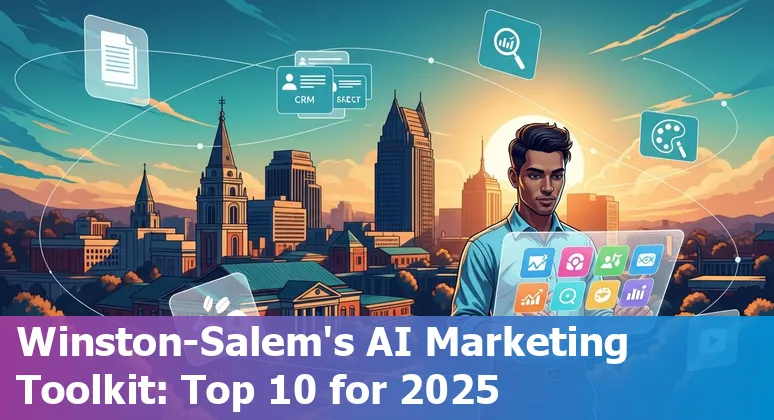 Collage of AI tools logos (ChatGPT, HubSpot, MidJourney, Surfer SEO) over a Winston-Salem city skyline with marketing icons.