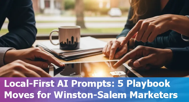 Winston‑Salem marketer using AI prompts on laptop with local skyline in background
