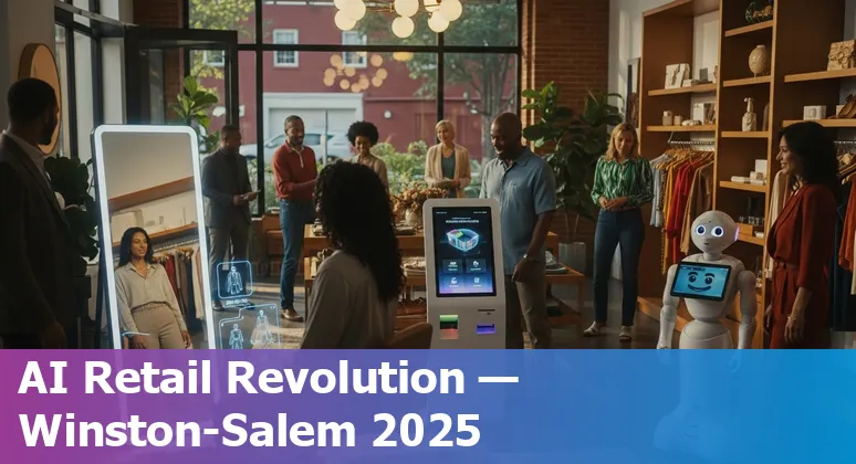 Storefront with AI icons and Winston Salem, North Carolina skyline showing AI in retail in 2025