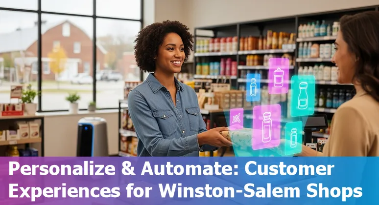 Retail store in Winston‑Salem with AI data overlays showing inventory, routes, and personalized recommendations.