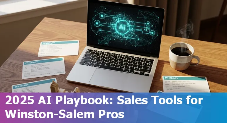 Sales professional in Winston‑Salem using AI sales tools dashboard with local skyline in background.