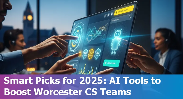 Customer service professional using AI chatbots on laptop, icons of Zendesk, Salesforce, Intercom, and HubSpot around screen.