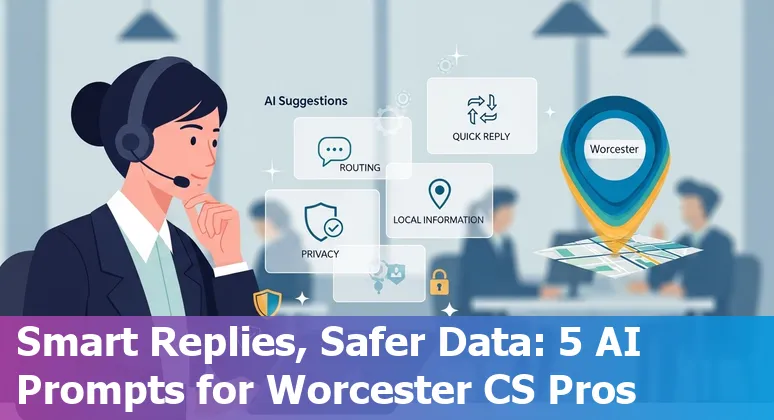 Customer service rep in Worcester using AI prompts on a laptop with Worcester skyline in background