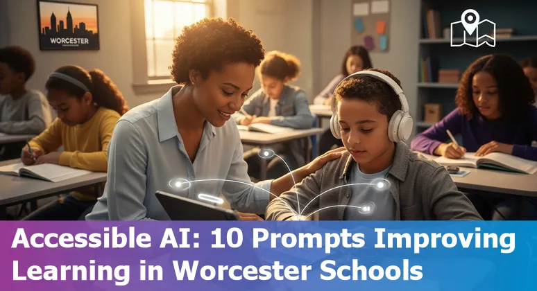 Students and educators in Worcester exploring AI tools with WPI campus in the background