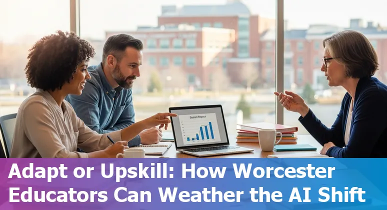 Worcester educator using AI tools with city skyline and college campuses in background