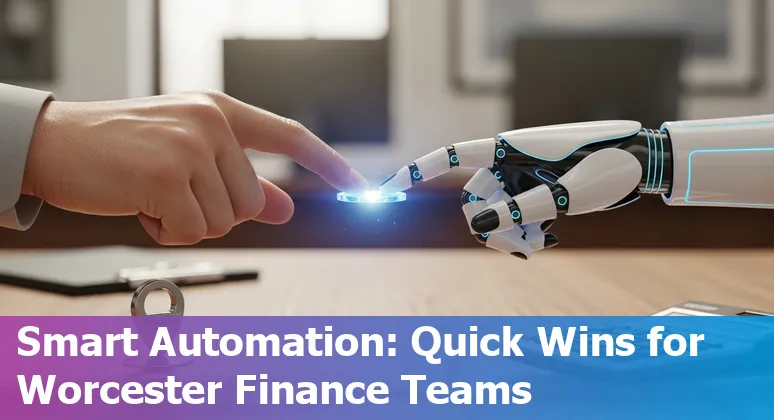 AI-driven automation assisting a financial services team in Worcester, Massachusetts office, showing cost savings and efficiency charts.