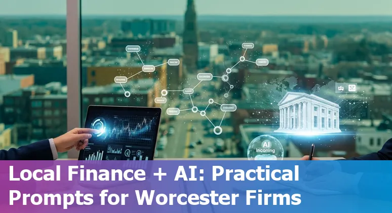 Diverse Worcester financial team using AI tools on laptop screens showing dashboards and prompts.