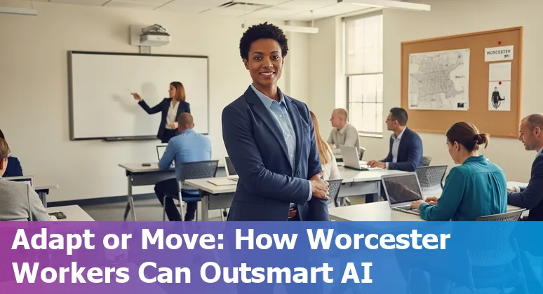 Worcester city employee using a laptop with AI icons overlay, city hall in background