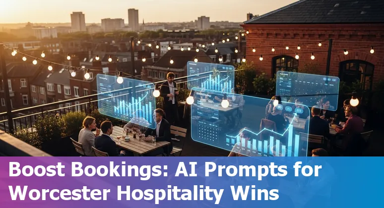 Hotel front desk computer screen showing AI chatbot and Worcester skyline landmarks like DCU Center and Worcester Art Museum.