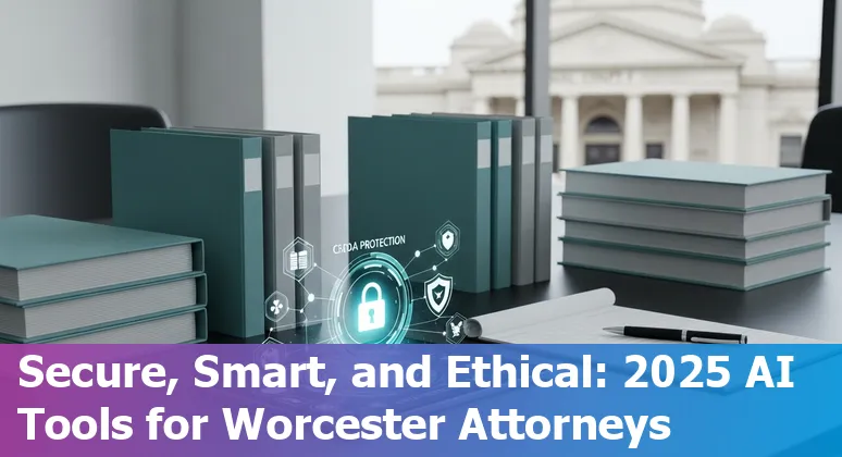 Attorney at desk in Worcester using AI-powered legal research on a laptop, with courthouse in background.