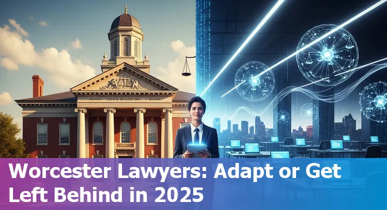 Lawyer using AI tools on laptop in Worcester, Massachusetts courtroom-style office in 2025