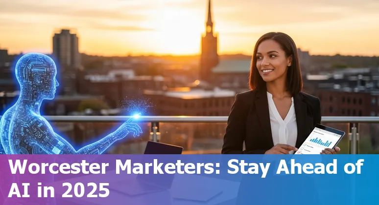 Worcester, Massachusetts marketer using AI tools on a laptop at a local coworking space