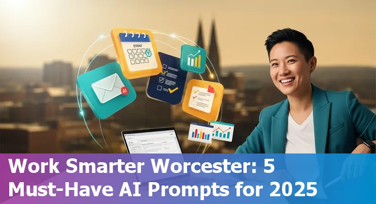 Illustration of AI prompts for Worcester marketing with local landmarks like UMass Chan and Canal District.