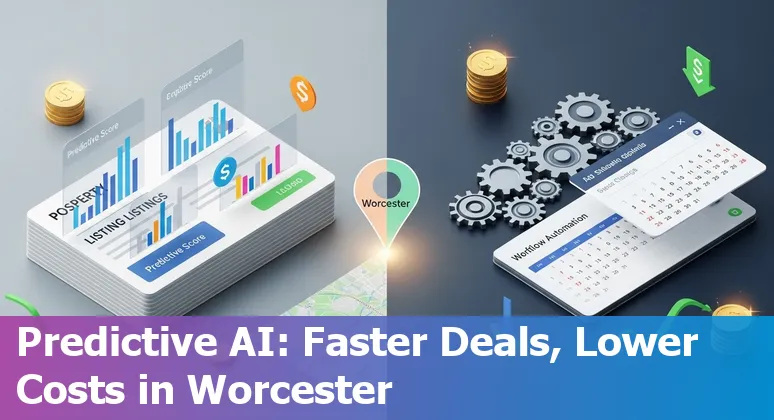 Real estate agent using AI tools on a laptop showcasing Worcester, Massachusetts skyline in the background