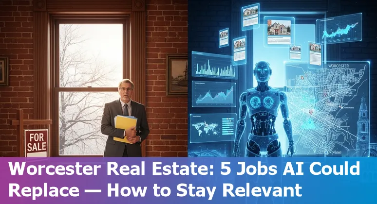 Worcester skyline with real estate icons and AI symbol showing jobs at risk and adaptation steps
