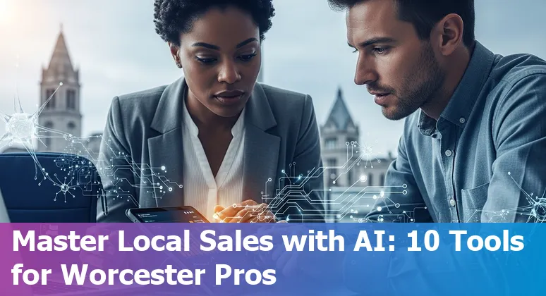 Illustration of sales professionals in Worcester using AI tools on laptops and mobile devices.