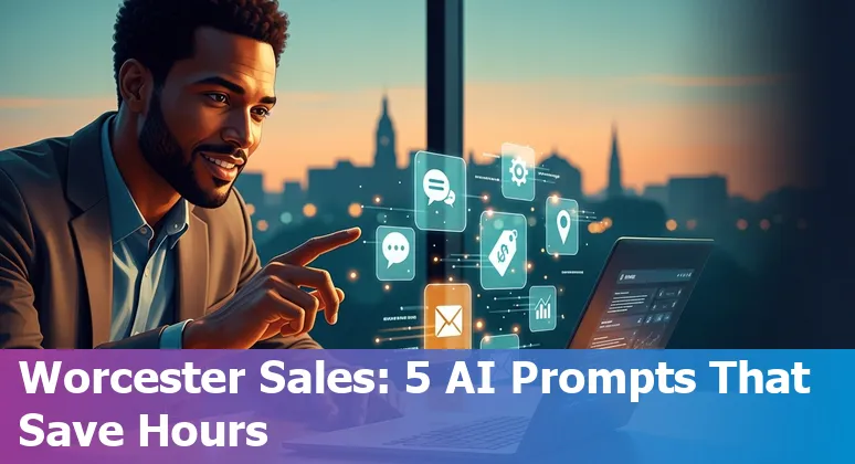 Sales professional in Worcester using AI prompts on a laptop with Worcester skyline in background