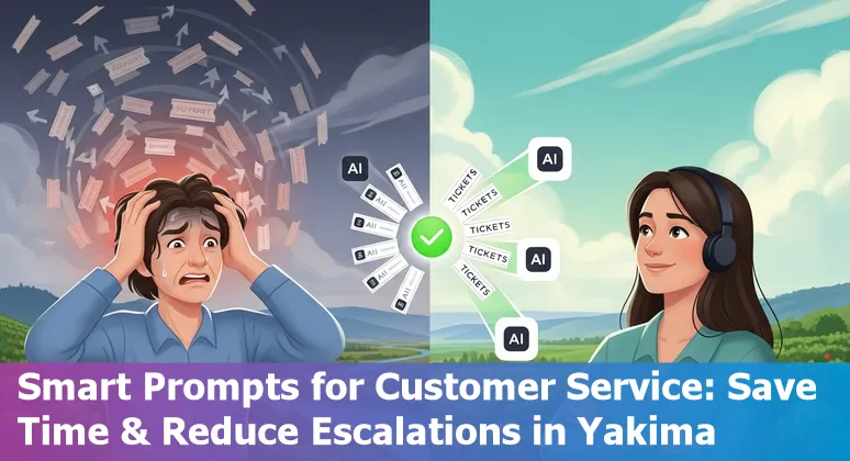 Customer service agent using AI prompts on a laptop with Yakima skyline in the background.