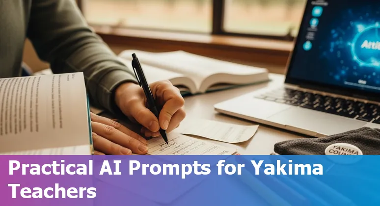 Teacher using AI tools on a laptop with Yakima Valley map and students in a classroom.