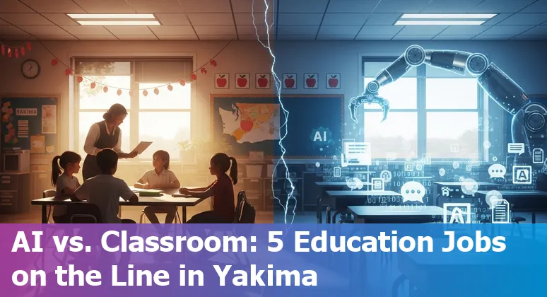 Yakima teacher using AI tools on a laptop with a school building in the background