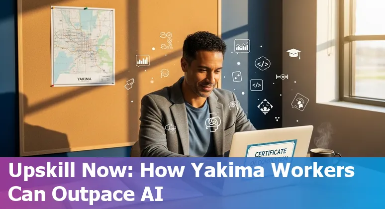 Finance worker using AI tools on a laptop in Yakima, Washington with Mount Adams visible, symbolizing AI and finance jobs in Yakima, Washington