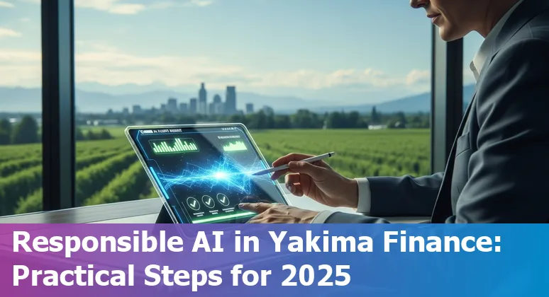 Illustration of AI in financial services with Yakima, Washington skyline and icons for data, security, and compliance