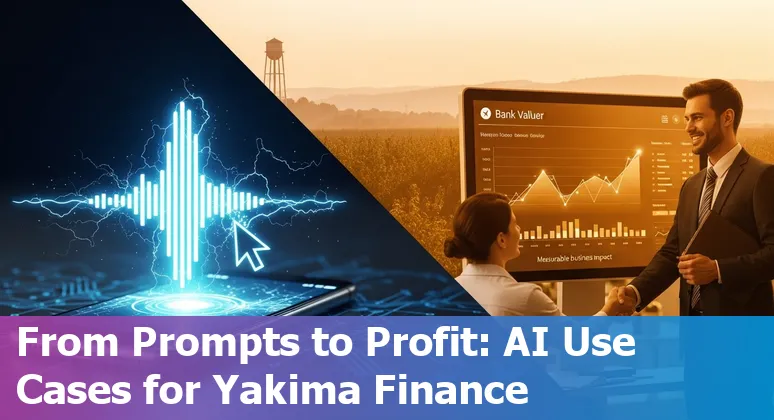 Yakima financial district with overlay icons representing AI use cases like chatbots, fraud detection, forecasting, and compliance.