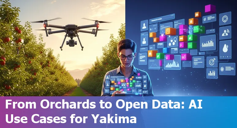 City hall of Yakima with AI icons and civic workers using a chatbot