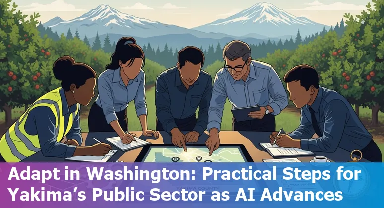 Yakima city hall team discussing AI adaptation plans at a workshop with laptops and printed guides.