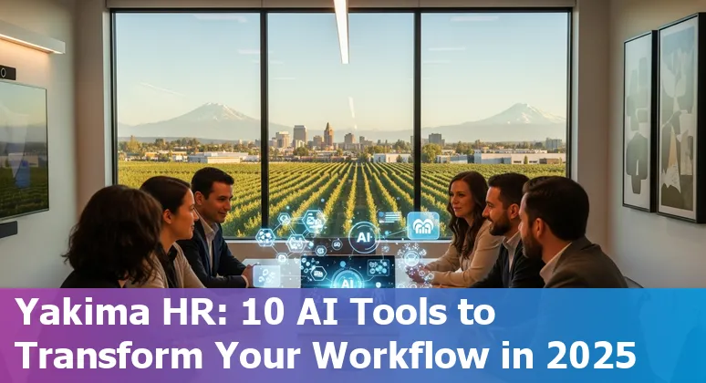 HR professional using AI tools dashboard on a laptop with Yakima valley fields visible through a window.